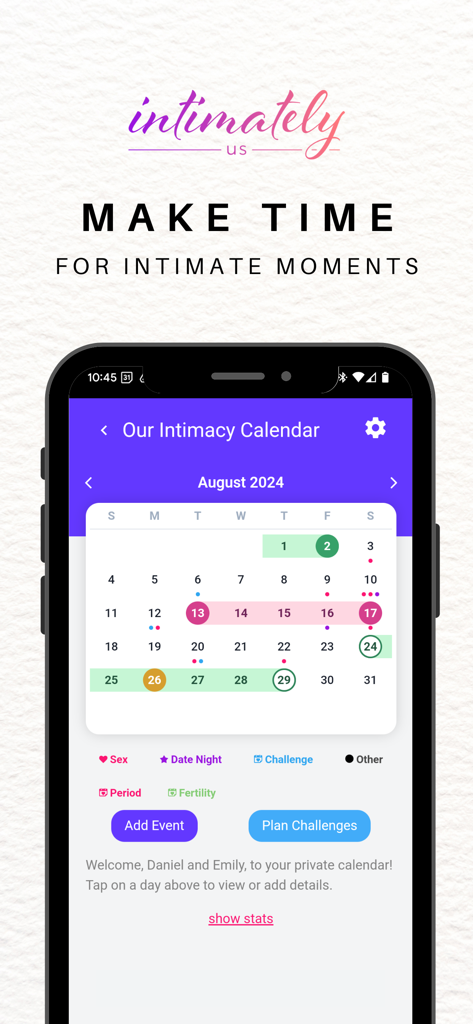 Interfaz de la aplicación Intimately Us que muestra un calendario de intimidad compartido para que las parejas planeen noches de cita y sexo.