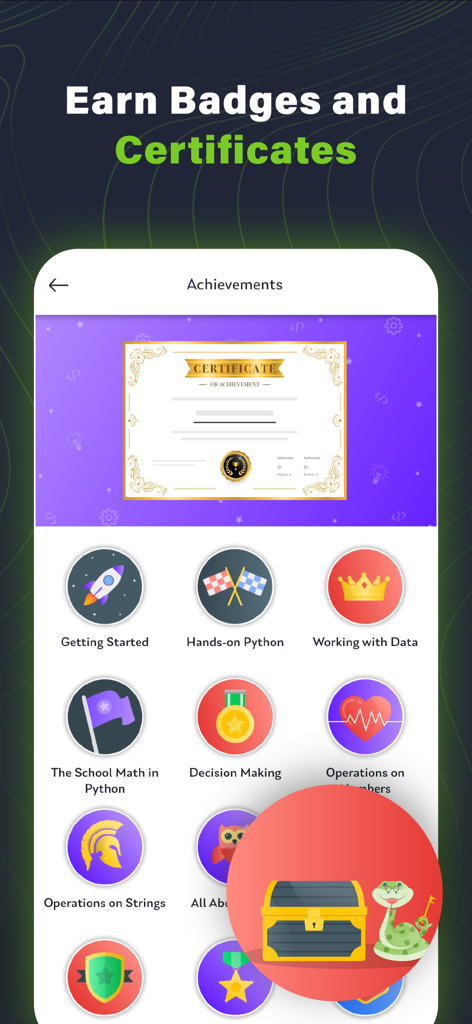 Achievements screen in the Python X app displaying earned course badges and a completion certificate