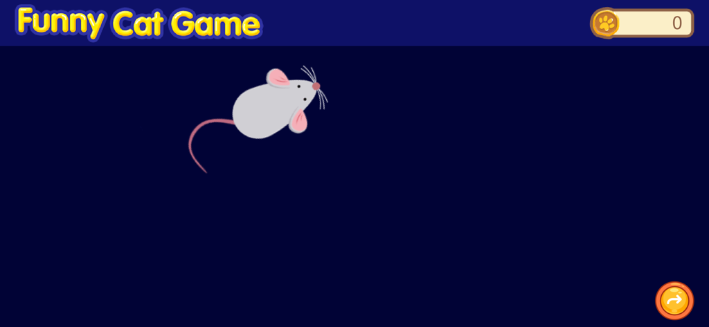 Um rato de desenho animado se movendo em um fundo azul escuro no aplicativo Jogo Engraçado para Gatos para gatos.