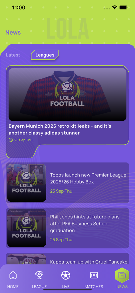 LOLA FOOTBALL - LOLA FOOTBALL app news screen displaying a feed of latest soccer headlines and kit leaks