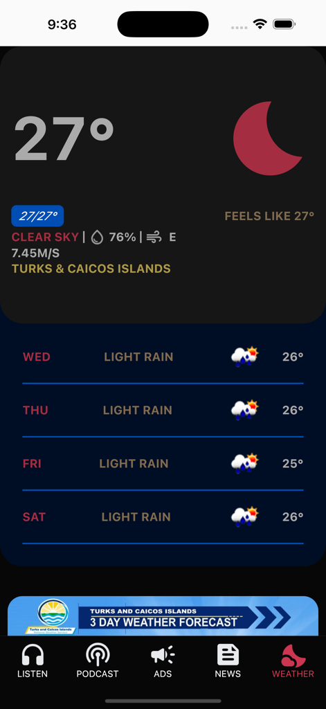 Radio Turks and Caicos - Local weather forecast for the Turks and Caicos Islands displayed within the official Radio Turks and Caicos mobile app