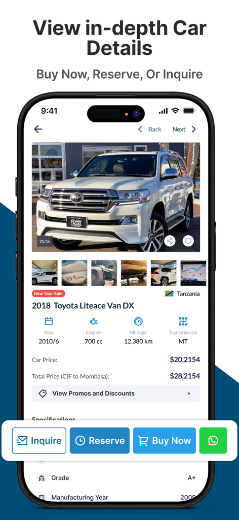 Especificaciones detalladas del vehículo y opciones de compra en la interfaz de la aplicación Sat Japan.