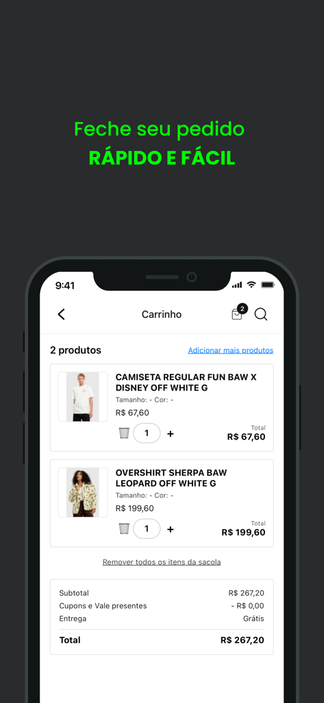 Interfaz de pago de la aplicación de ropa BAW que muestra un carrito de compras con artículos de ropa de streetwear y el precio total.