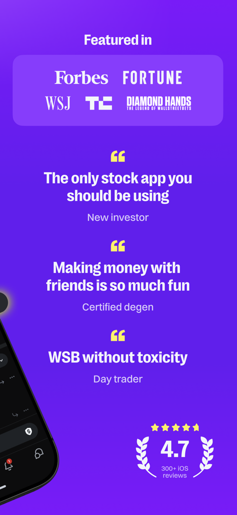 Marketing screen for AfterHour social trading app showing media features in Forbes and WSJ alongside user testimonials and high ratings