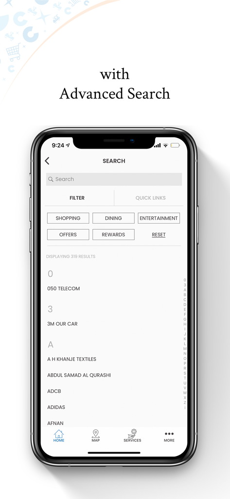 City Centres - City Centres app advanced search screen showing shopping dining and entertainment filters with alphabetical store listings