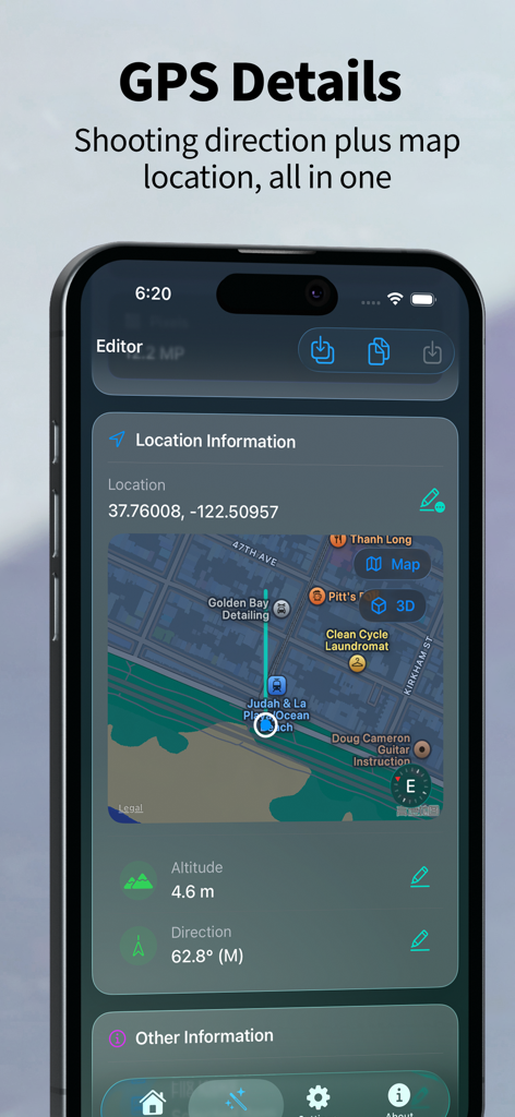 Exif Snap: Copy·View·Edit EXIF - Exif Snap app interface displaying photo GPS details and location map