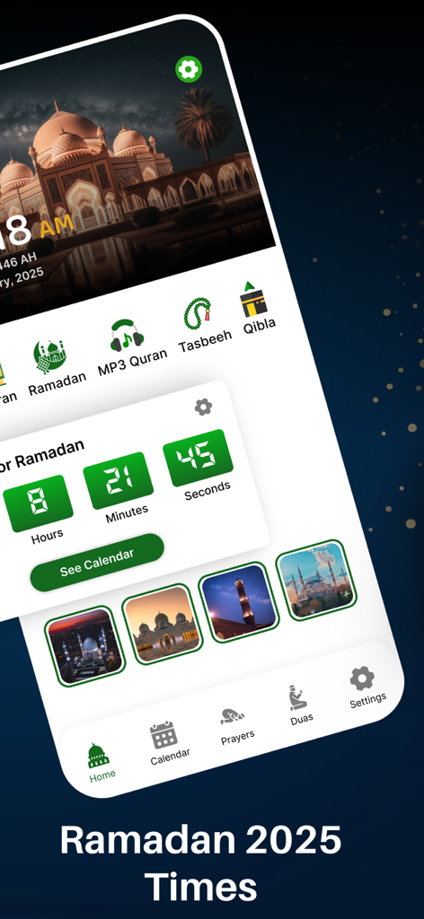 Ramadan Calendar 2025 Pro - Ramadan Calendar 2025 Pro mobile app interface showing a countdown timer and feature icons