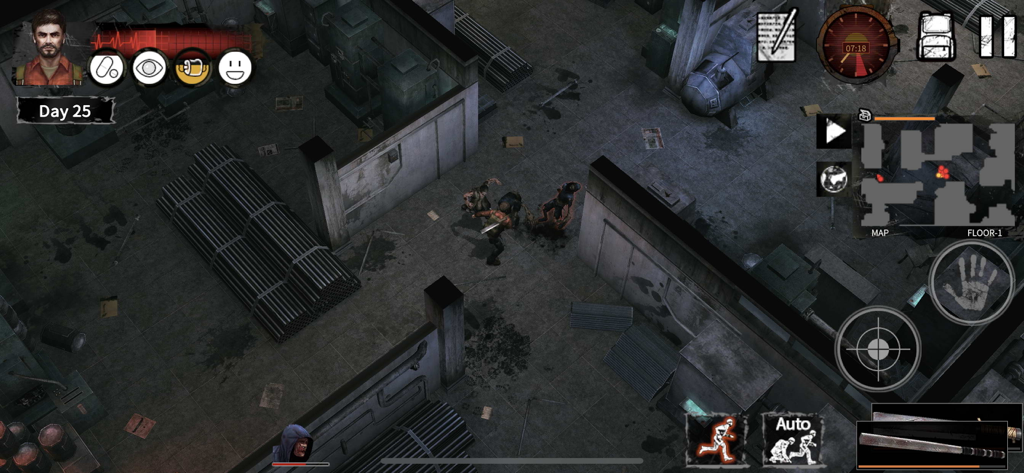 Delivery From the Pain:Survive - Top down survival gameplay showing character combat in a warehouse