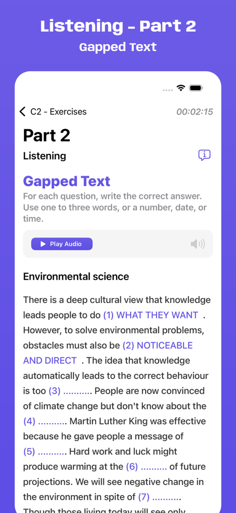Esercizio Cambridge C2 Exam Simulator Listening Part 2 Gapped Text