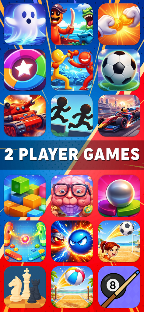 A colorful grid of various mini game icons for a local multiplayer mobile app including soccer racing and chess