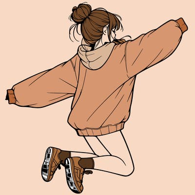 realistic girl jumping with a bun and oversized sweatshirt