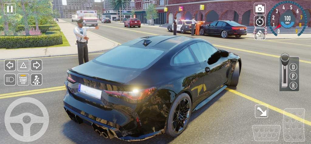 A black sports car on a city street in Car Simulator 2026 with police officers and game interface icons