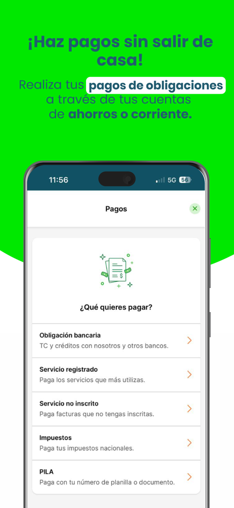 Interfaz móvil de la app Banco Popular mostrando opciones para pagar facturas e impuestos en Colombia