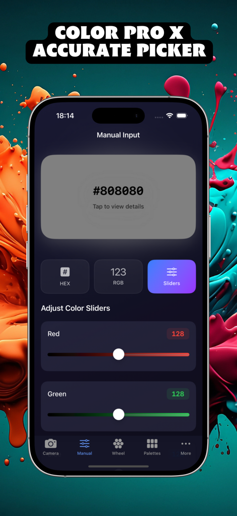 Color Pro X Accurate Picker - Pantalla de selección manual de color que muestra controles deslizantes RGB y vista previa del código hexadecimal