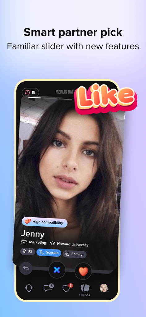 Merlin Dating app interface showing a smart partner pick with high compatibility rating and a like sticker
