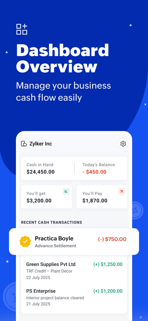 Zoho Daybook - Ledger Book - Visão geral do painel do Zoho Daybook mostrando o fluxo de caixa do negócio e as transações recentes