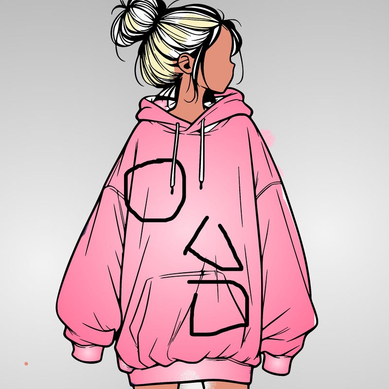 realistic girl with a oversized sweatshirt on and a bun