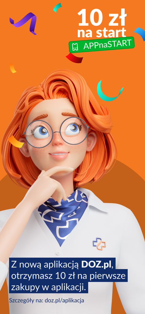 Promotional screen for the DOZ.pl pharmacy app offering a 10 PLN discount for the first purchase.