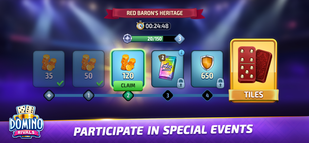 Domino Rivals special events screen showing progress path and rewards like coins and custom tiles