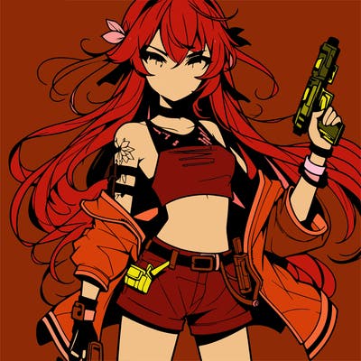 bad girl wearing crop top holding a gun long hair anime