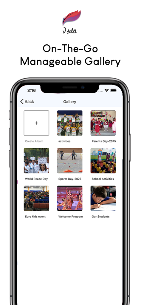 Mobile screen showing the Veda Guru Teachers App gallery with school activity albums like World Peace Day and Sports Day