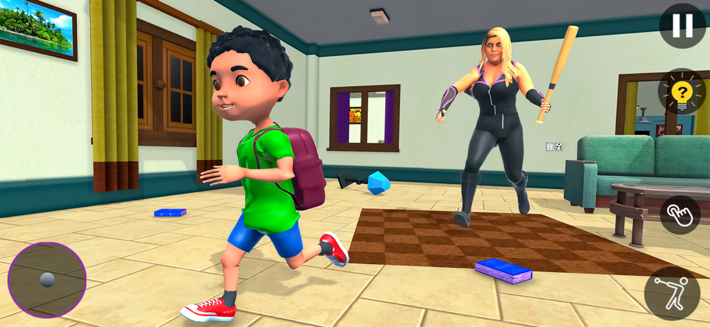 Evil Teacher Scary 3D Stranger - A young boy student running away from a scary teacher holding a baseball bat inside a house in a 3D game.
