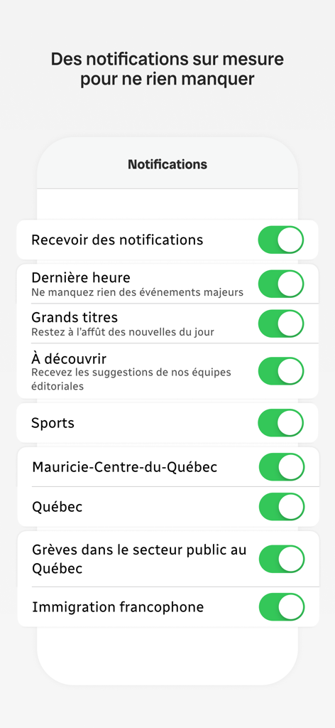 Radio-Canada Info - Notification settings screen in the Radio-Canada Info app showing various news alert options