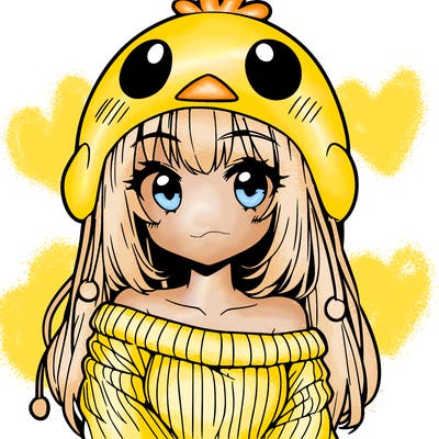 anime girl with chick shaped hat with sweater with bare shoulders with bangs covering them one eye with low tail