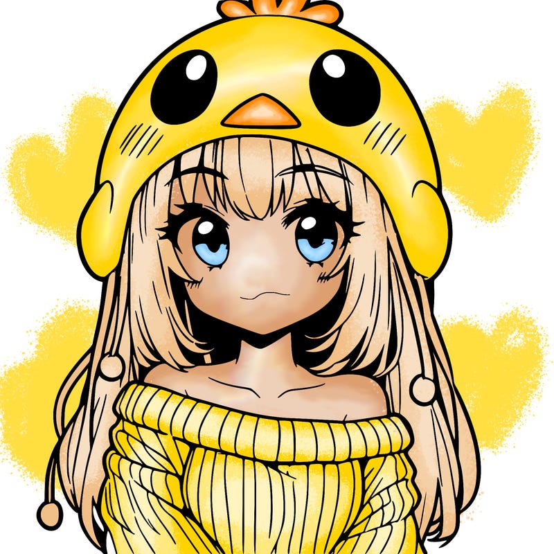 anime girl with chick shaped hat with sweater with bare shoulders with bangs covering them one eye with low tail