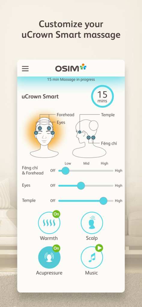 OSIM Relax and Relieve - OSIM app interface for customizing uCrown Smart head massage settings including pressure point intensity and warmth control