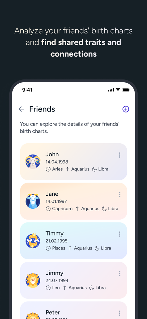 Interface do aplicativo Stellium mostrando uma lista de amigos com suas datas de nascimento e signos astrológicos para Sol, Ascendente e Lua.