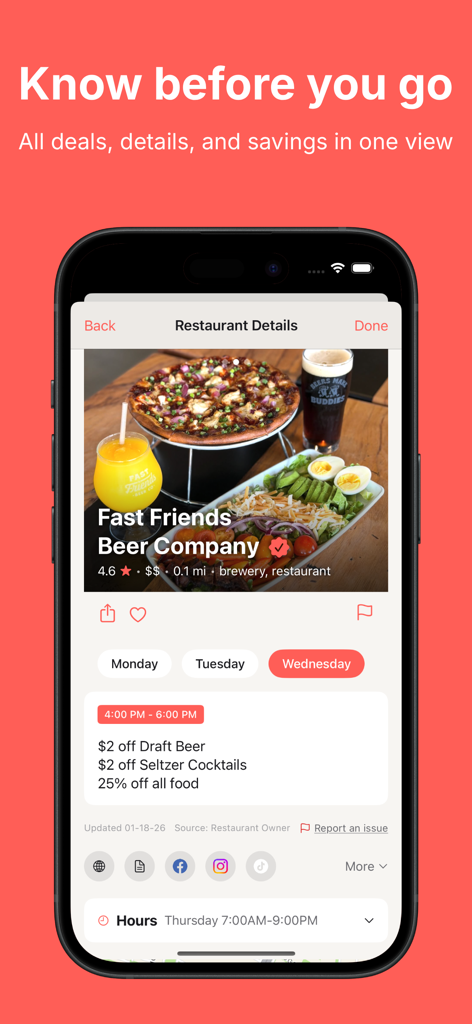 happyhopper: find happy hours - 지역 양조장에서 제공되는 해피아워 음식 및 음료 할인 정보를 보여주는 모바일 화면.