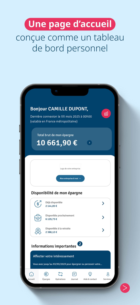 Mon Epargne - Tableau de bord personnel de l'application mobile Mon Epargne Amundi montrant l'épargne totale et la disponibilité du compte
