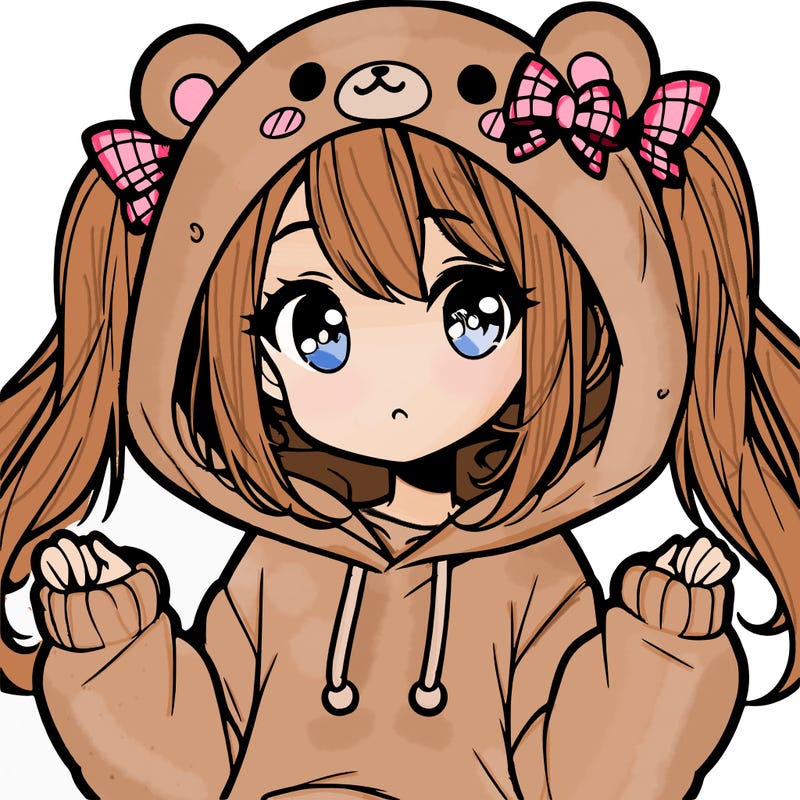 cute anime girl with ponytails and a cute bear hoodie