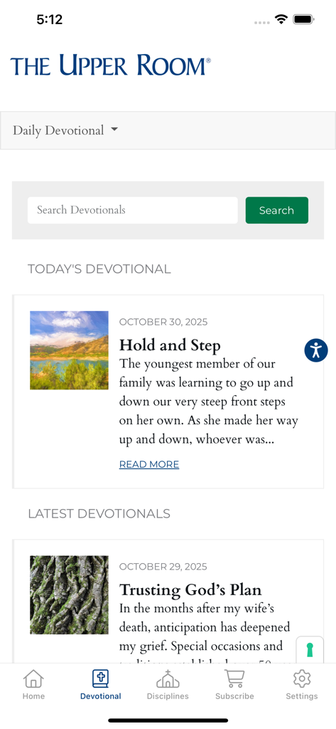 The Upper Room app displaying daily Christian devotions and meditation topics.