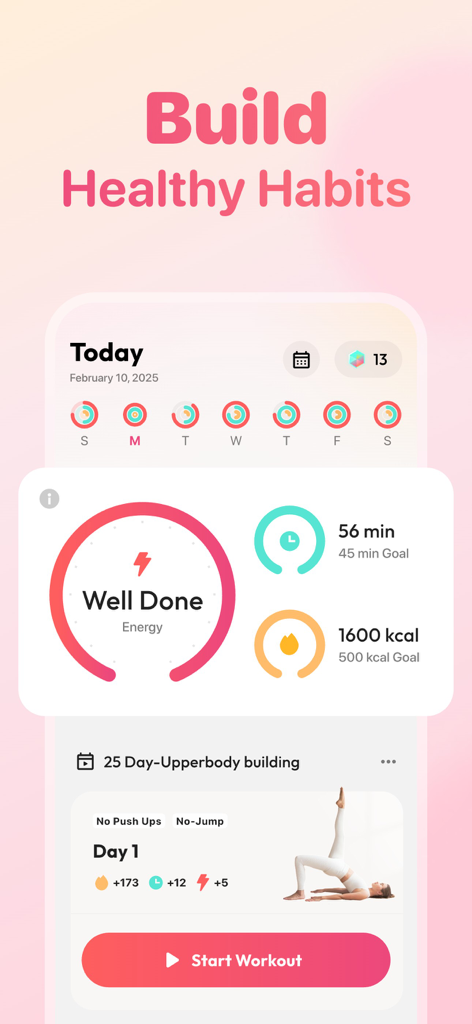 Wall Pilates at Home: FitPulse - Interfaccia dell'app FitPulse che mostra i progressi degli allenamenti giornalieri e il monitoraggio delle abitudini salutari