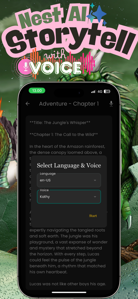 Nest AI: Story Teller - Mobile screen showing the Nest AI Story Teller app interface with a pop-up menu to select language and voice for an AI-generated story.