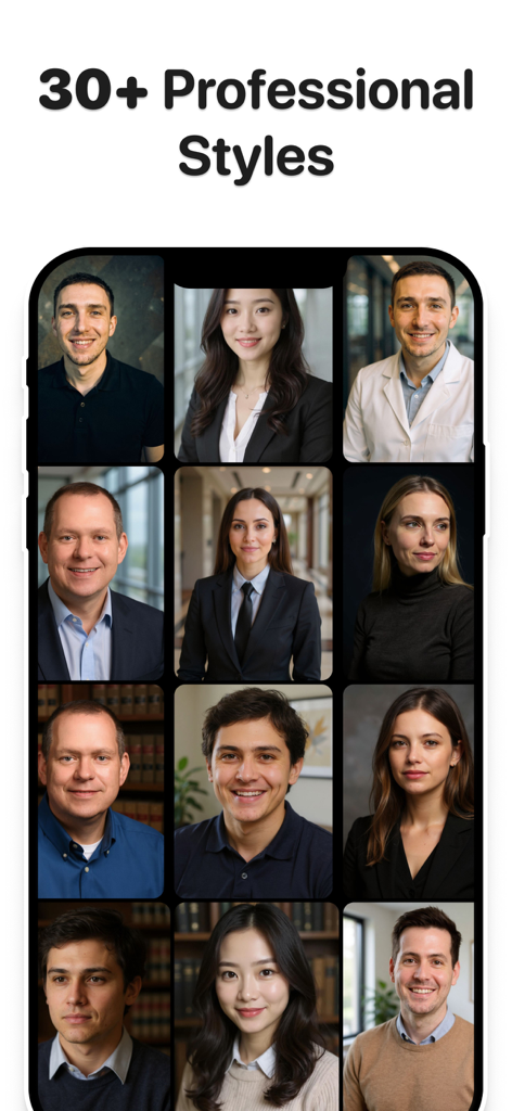 AI Headshot Generator: Facely - A grid showing various AI generated professional headshot styles for LinkedIn and business profiles