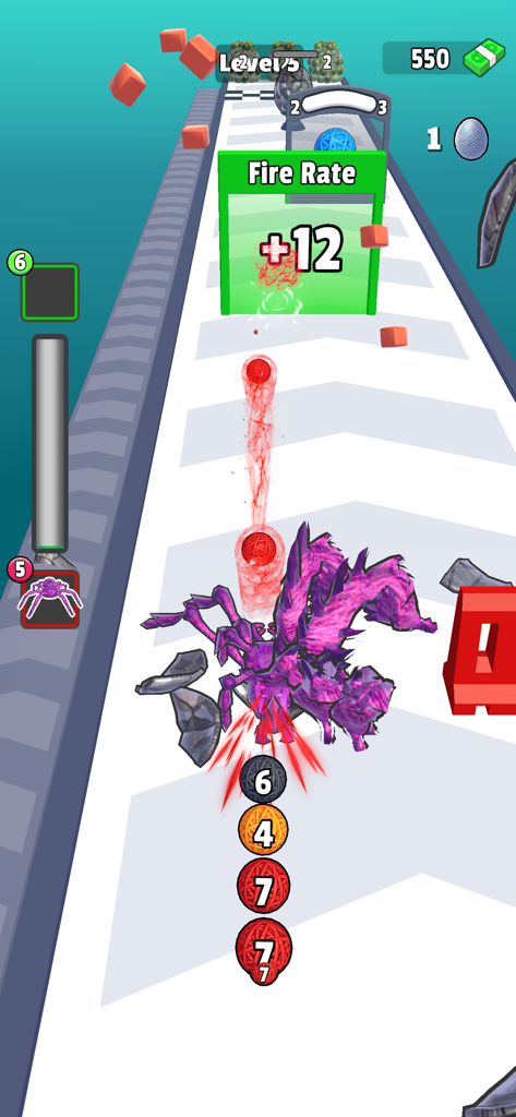 A purple evolved spider running on a track and shooting through a fire rate gate.