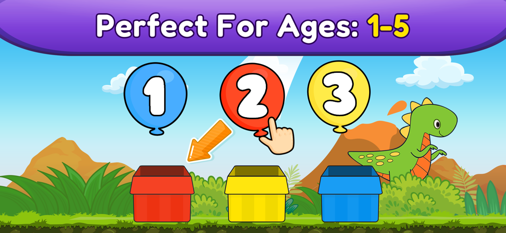 Balloon Pop Toddler Baby Game - Toddler learning game screen showing numbered balloons being sorted into boxes with a cute dinosaur in the background