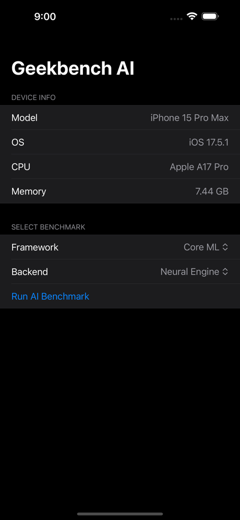 Interface do aplicativo Geekbench AI exibindo especificações de hardware do iPhone 15 Pro Max e configurações de benchmark de IA.