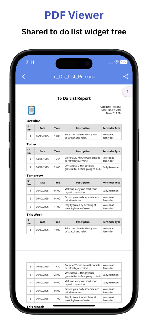 Daily Schedule Planner: Notify - A mobile screen showing a generated PDF report of a personal to-do list with categorized daily and weekly tasks.
