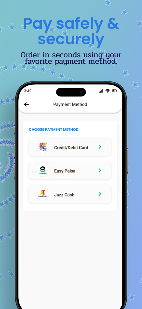 Easy Topup: Mobile Recharge - Mobile app screen showing secure payment options including Credit Card EasyPaisa and JazzCash for mobile recharge