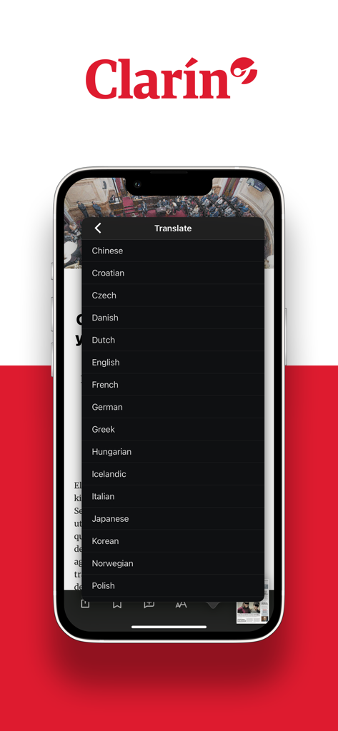Interfaz de la app Kiosco Clarín en un iPhone mostrando un menú de traducción con varias opciones de idioma sobre un artículo de noticias