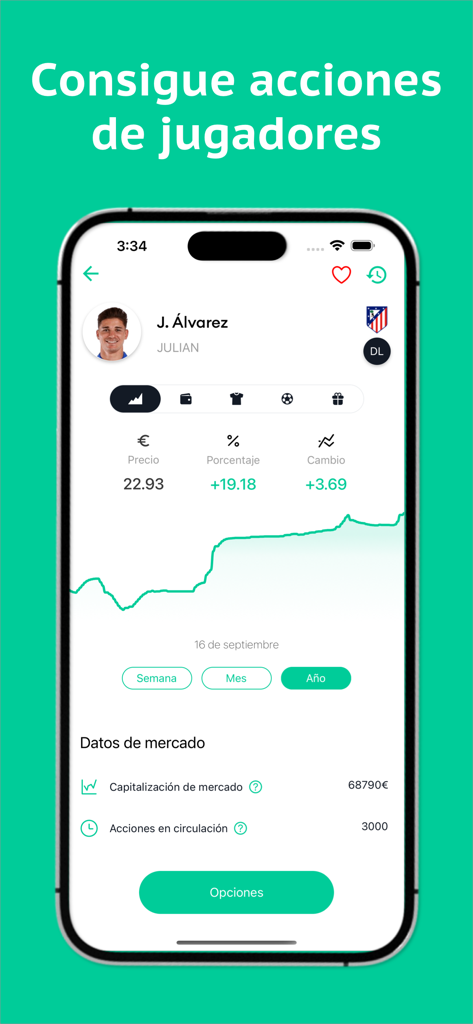 Futbit - Interface of the Futbit app showing the stock price chart for soccer player J. Alvarez