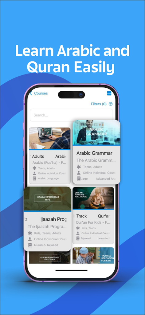 Studio Arabiya app screen displaying a list of Arabic grammar and Quran courses for adults and kids