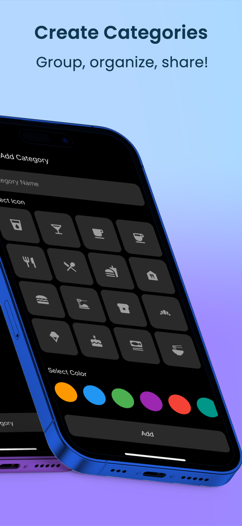 App interface for creating and organizing menu categories with custom icons and colors