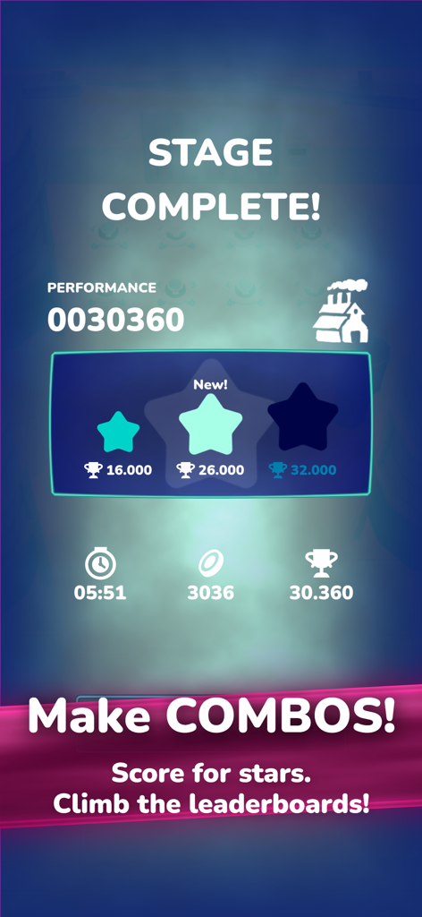Pantalla de fin de etapa de Magenta Arcade II que muestra la puntuación de rendimiento y las estrellas obtenidas