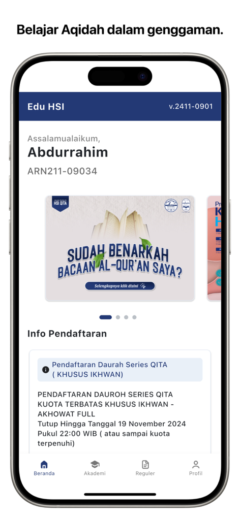 Edu HSI - Edu HSI app home screen showing student dashboard and religious course registration info