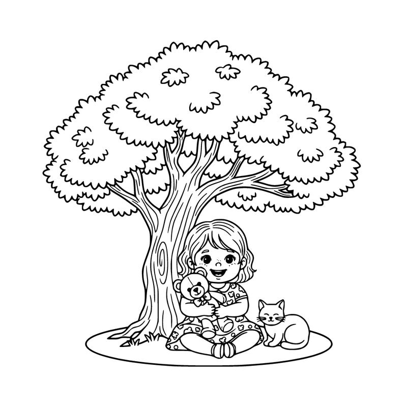 a adorable little girl who is so happy and is sitting under a tree with her little arms she is holding a teddy bear and a cat is next to her